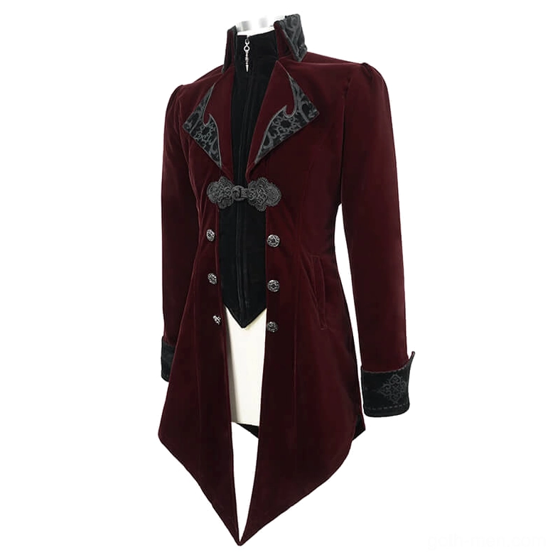 Burgundy gothic velvet tailcoat front three-quarter mannequin view showing metal button detail and embroidered lapels