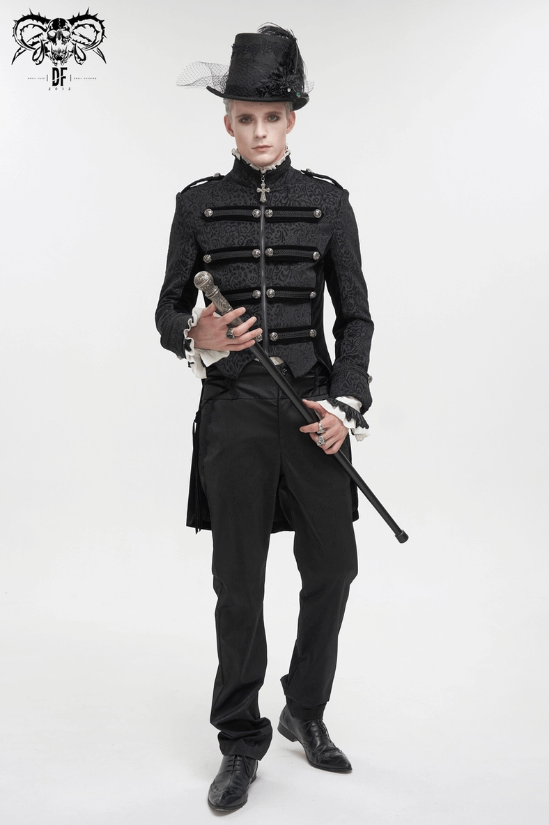 Black gothic tailcoat button placement and front closure system close-up