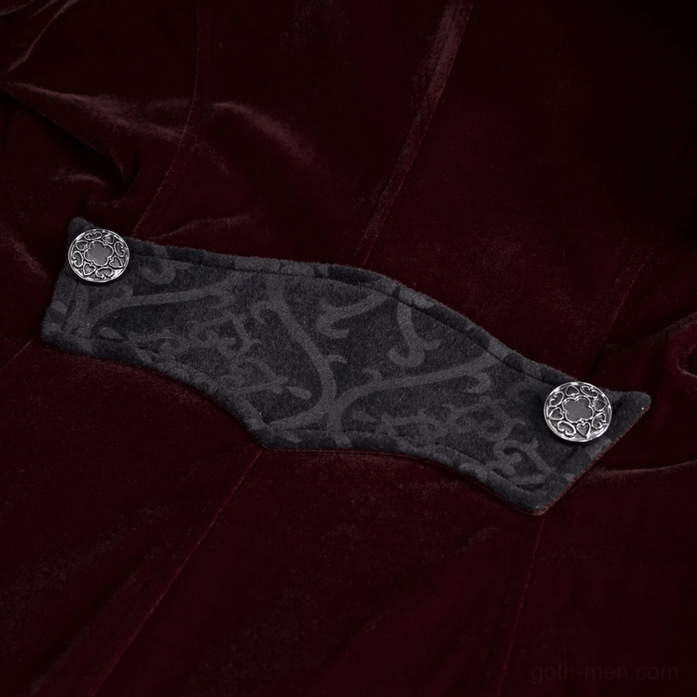 Front close-up of burgundy gothic velvet coat collar with embroidered lapel and zippered stand collar design