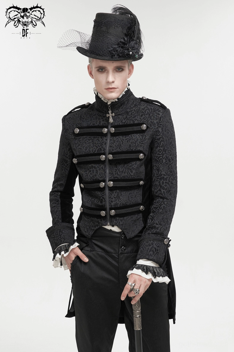 Black gothic tailcoat full-body front view showing complete garment styling