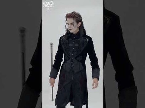 Complete Gothic outfit featuring black velvet tailcoat with embroidered details, coordinated embroidered trousers, and walking cane - full body male model cosplay