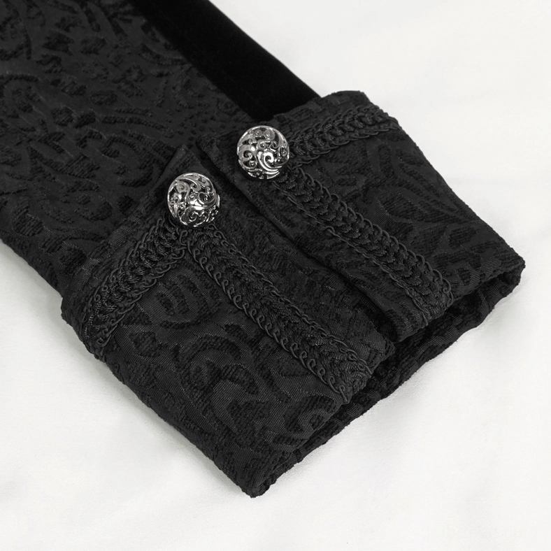 Black gothic tailcoat cuff detail showing embossed jacquard fabric and metal buttons