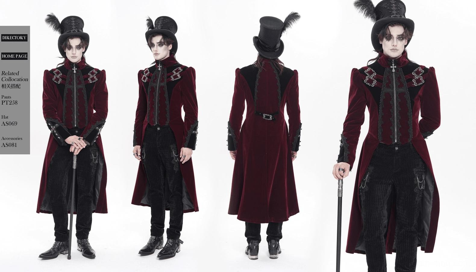 Detailed shot of burgundy velvet tailcoat cuff area with ornate hardware, lace trim, and stitching craftsmanship