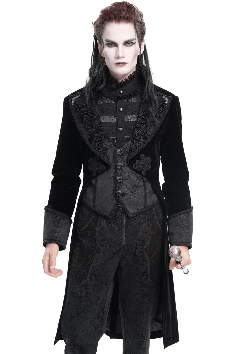 Black velvet Gothic Victorian tailcoat with embroidered scroll lapels, faux waistcoat detail, and split tail hem - front full body view on male model
