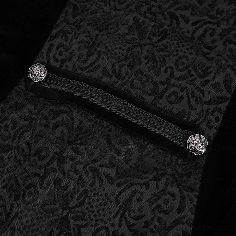 Black gothic tailcoat floral jacquard texture and velvet decorative strap closeup