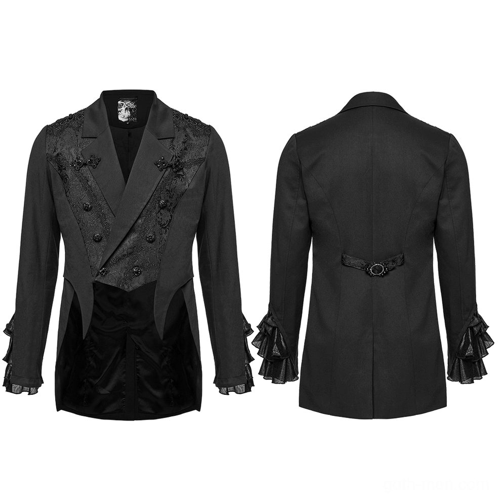 Black gothic tailcoat jacket flat lay front and back combined display showing peaked lapel, double-breasted closures, and asymmetrical hem