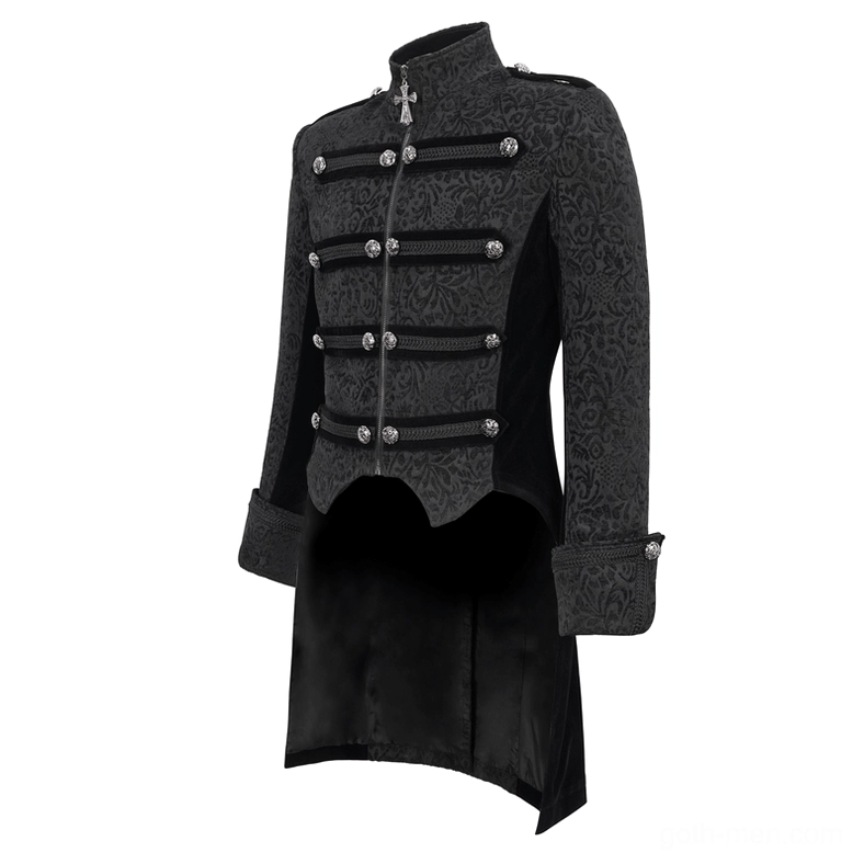 Black gothic tailcoat front angled view with decorative braided straps and button details