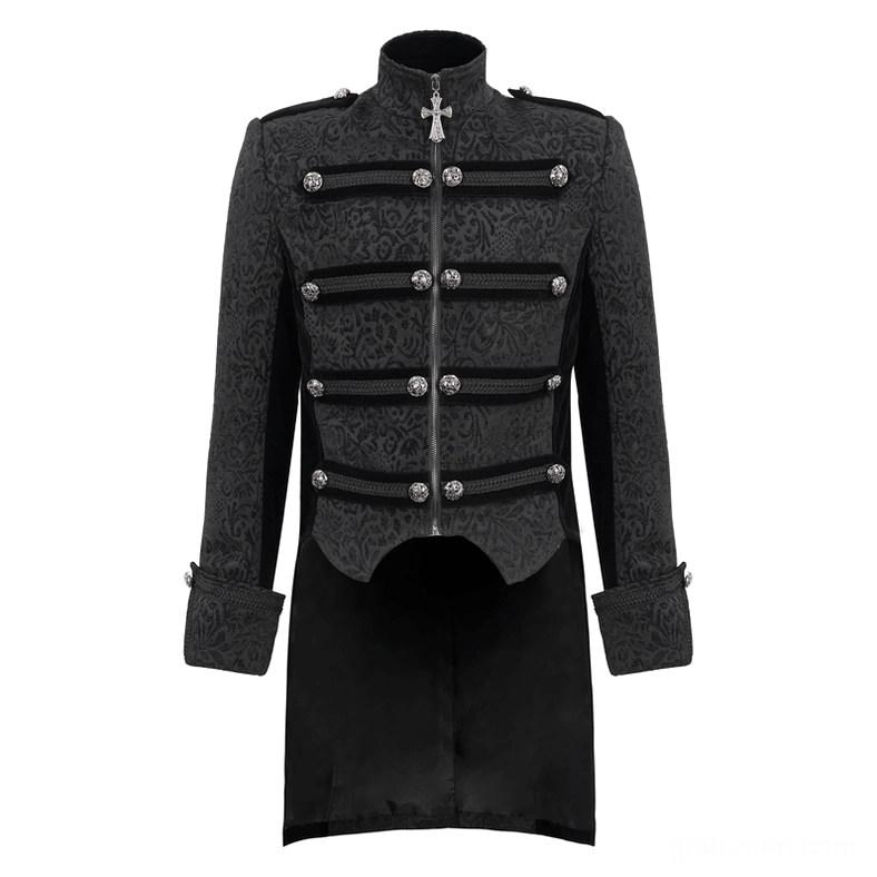 Black gothic tailcoat front flat lay with vintage buttons and cross pendant zipper detail