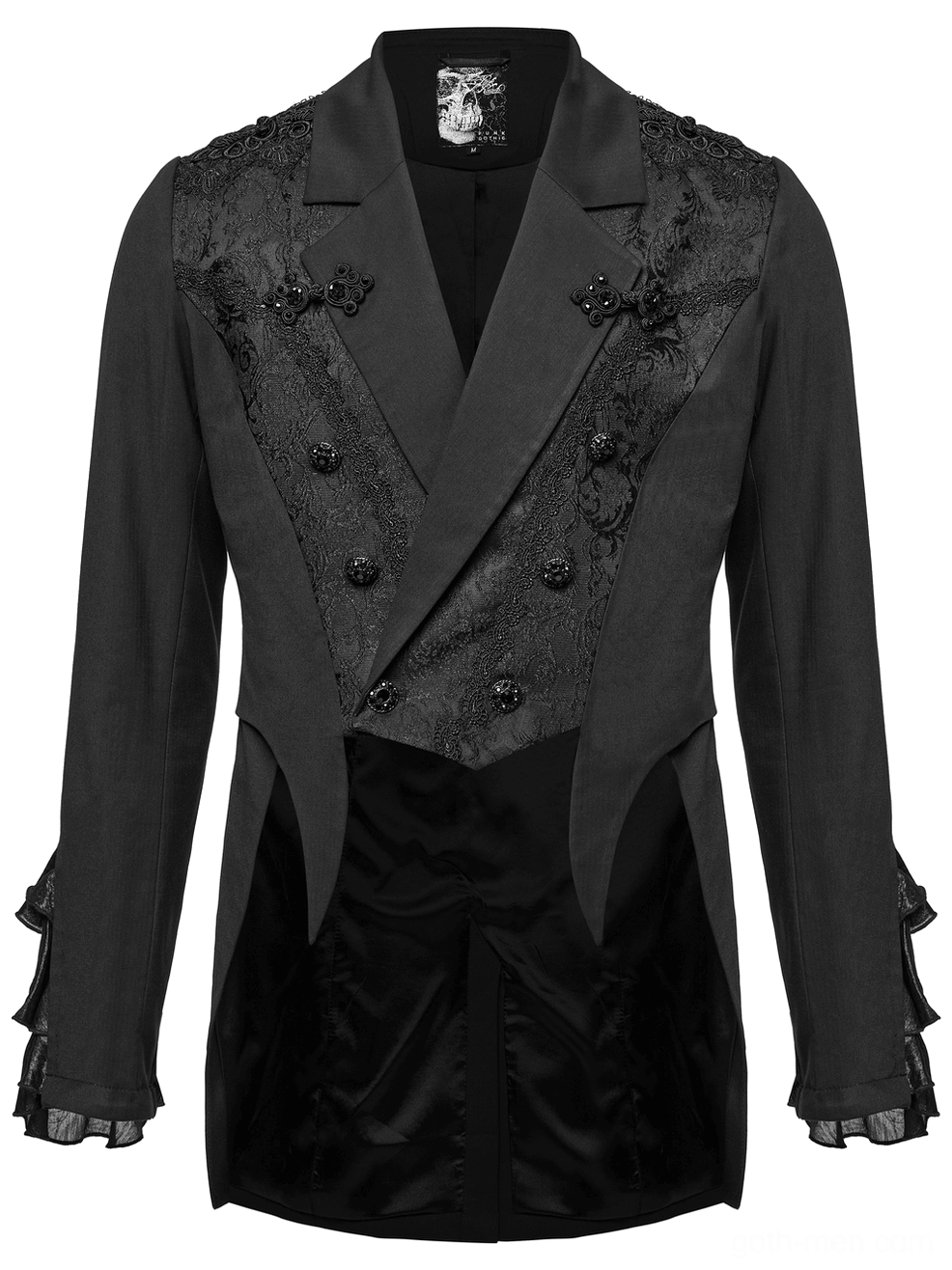 Flat front view of black gothic tailcoat featuring peaked lapel collar, double-row gemstone buttons, and ornate lace ruffled cuffs