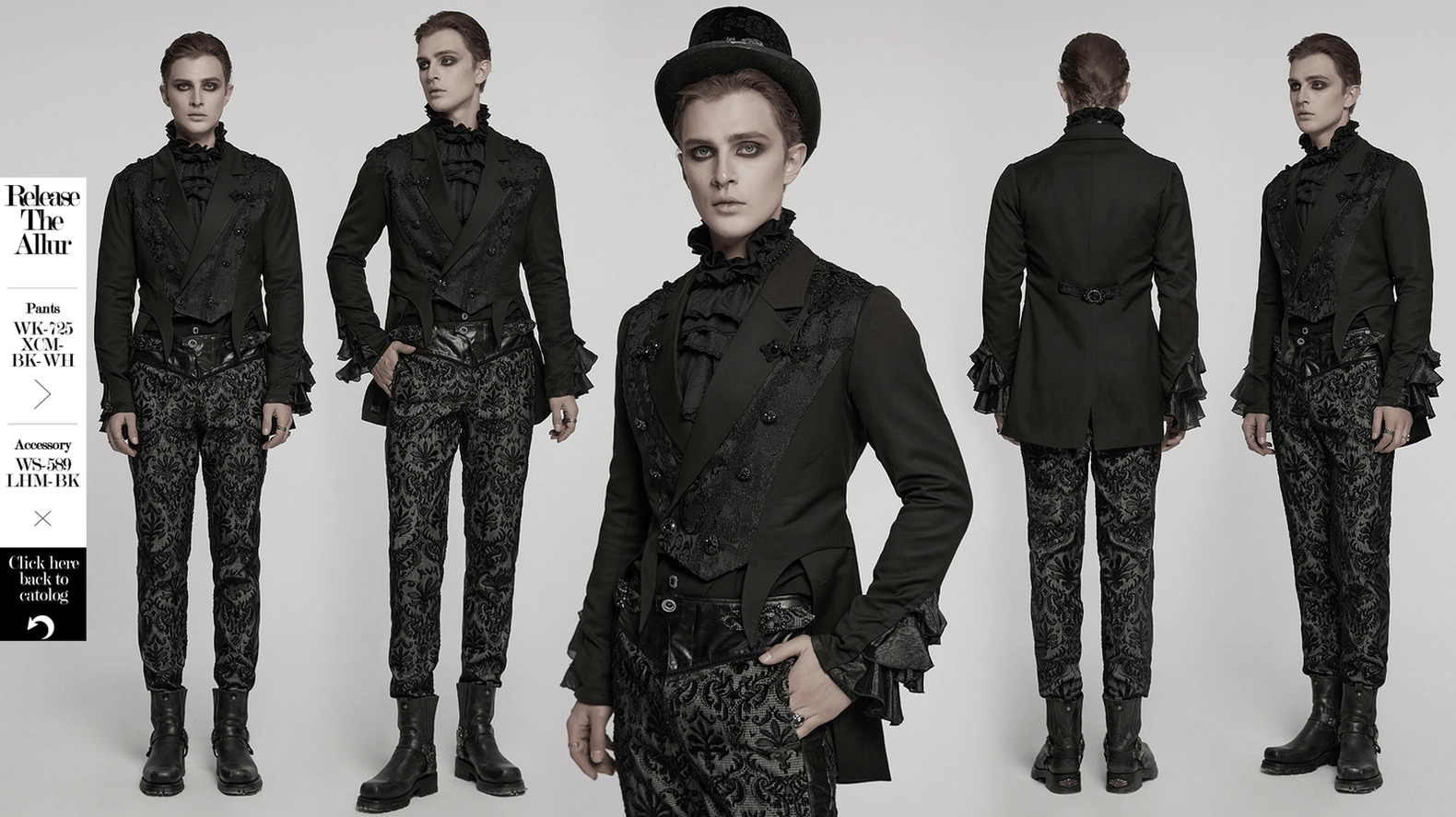 Front view of black gothic men's tailcoat displaying intricate jacquard embroidered shoulders, peaked lapel collar, and structured fit