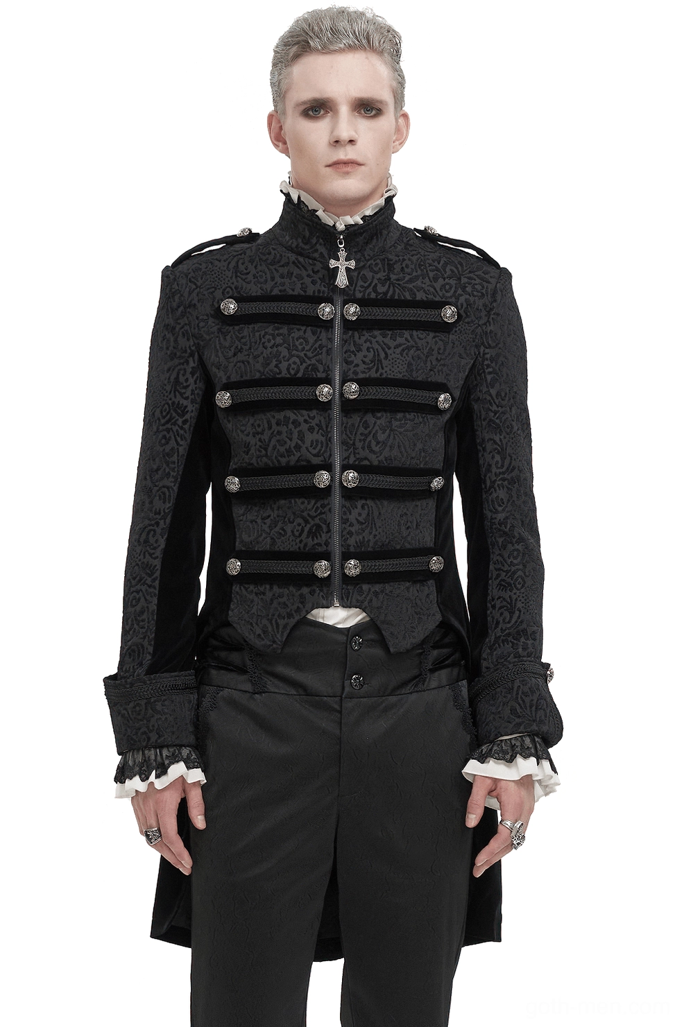 Black stand collar gothic tailcoat front view on male model with cross pendant zipper