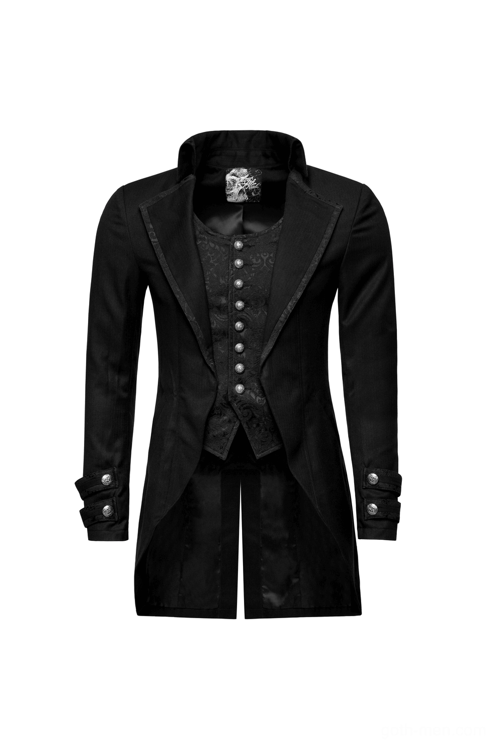 Victorian gothic jacket front flat lay showing decorative button row and layered vest front detail