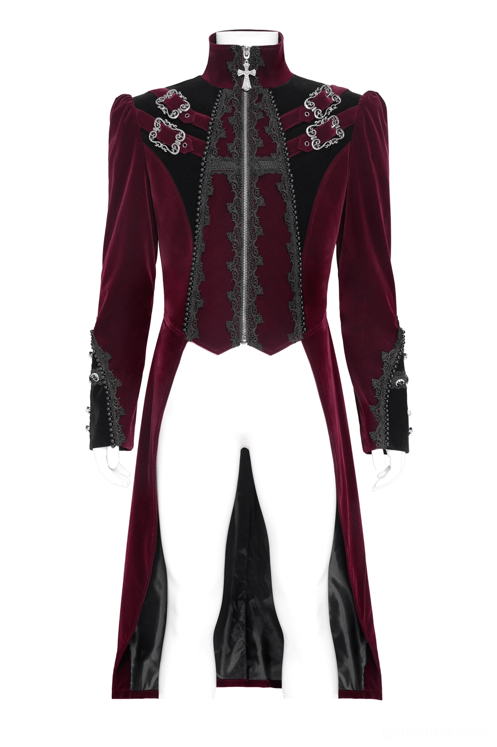 Front view of burgundy gothic velvet tailcoat on mannequin with front zipper closure and ornate shoulder cross decorations