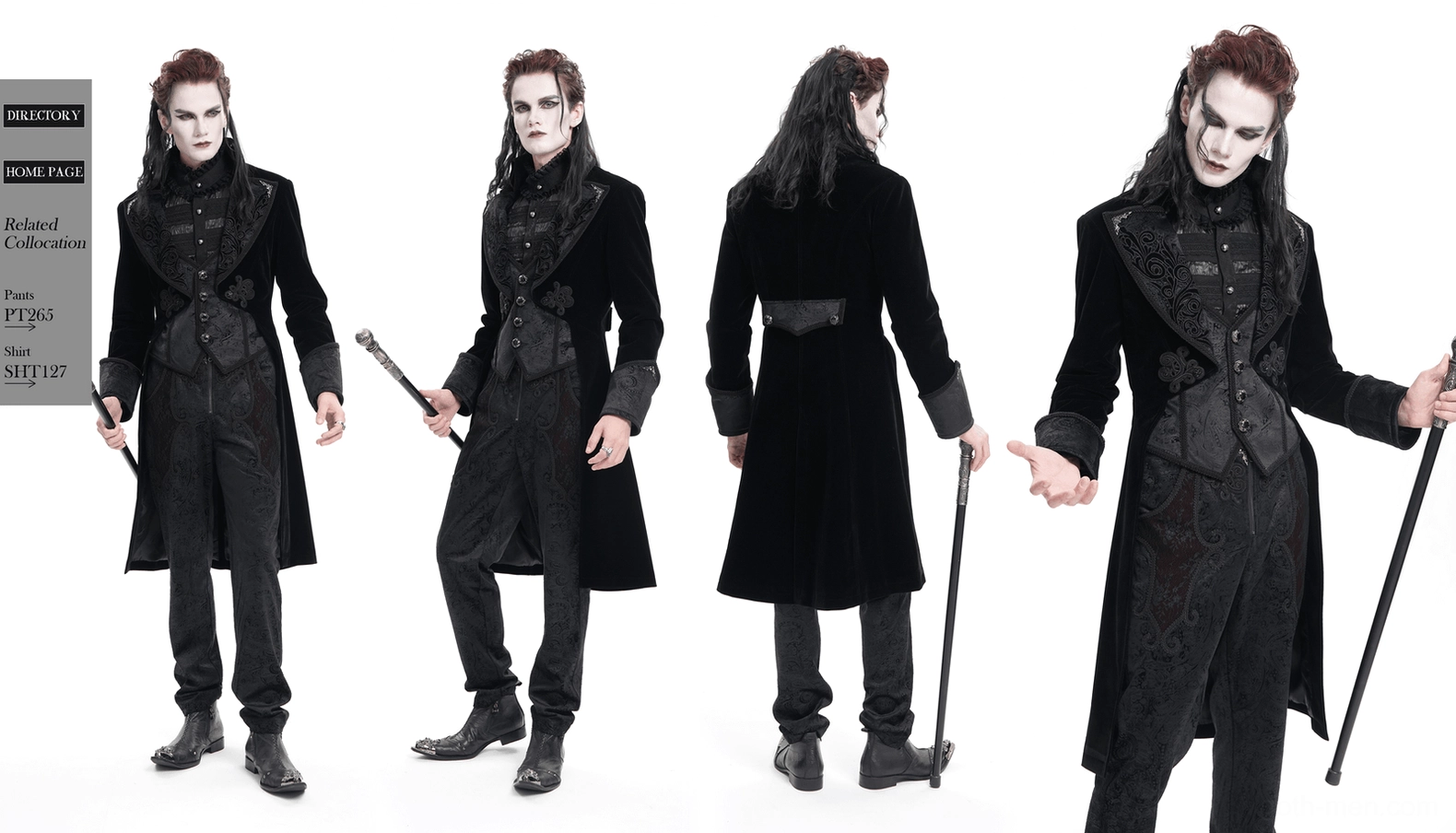Gothic tailcoat full-body product display showcasing complete silhouette, tail construction, and formal alternative design