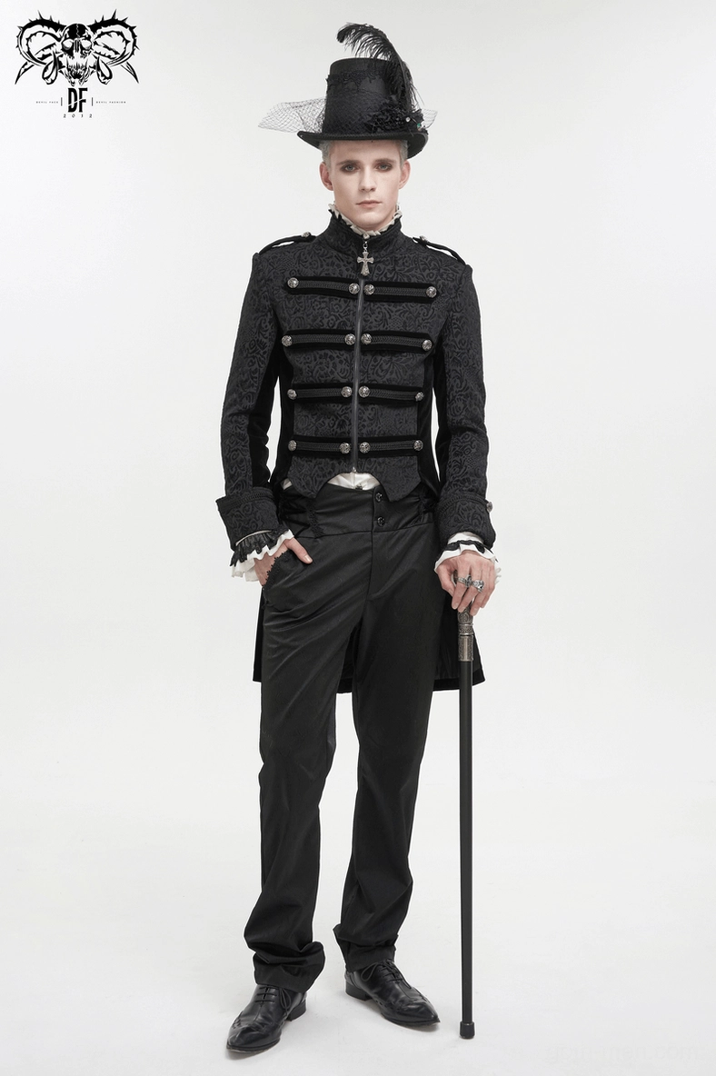 Black gothic tailcoat extended hem and back length detail on model