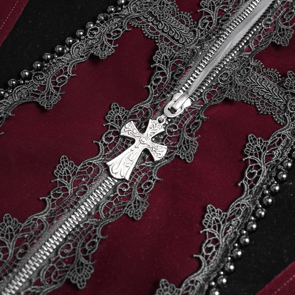 Close-up macro detail of black ornate lace trim, cross-shaped zipper pull, and beaded lace edging on gothic tailcoat