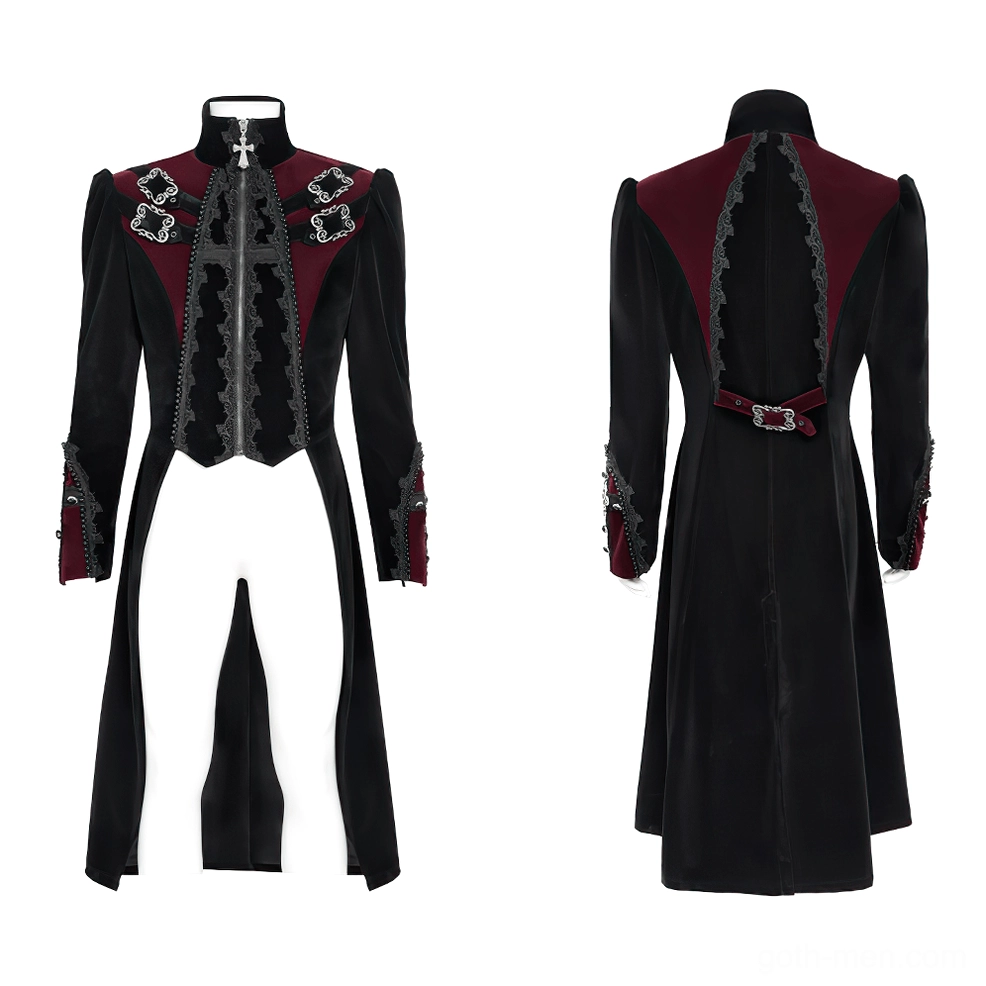 Victorian gothic tailcoat on mannequin showcasing puffed shoulders, embroidered lace front panel, and structured silhouette