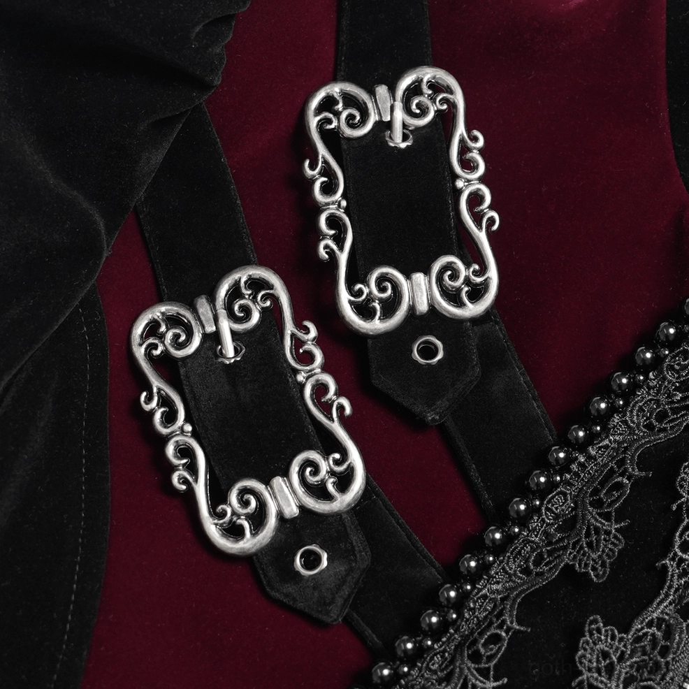 Gothic tailcoat hardware detail featuring decorative metal buckles and fastening mechanisms on shoulder and waist
