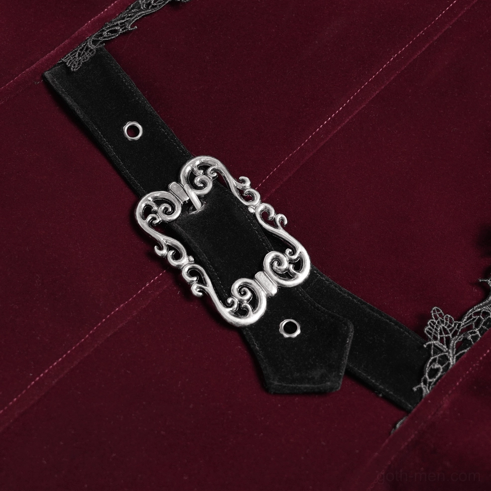 Detail view of burgundy gothic tailcoat showing puffed sleeve structure, shoulder hardware, and neck collar details