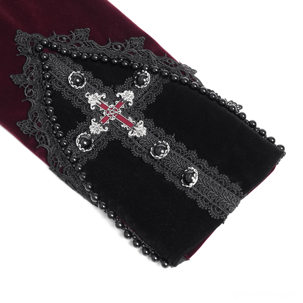 Extended rear view of burgundy gothic tailcoat highlighting long split tail hem and theatrical back silhouette