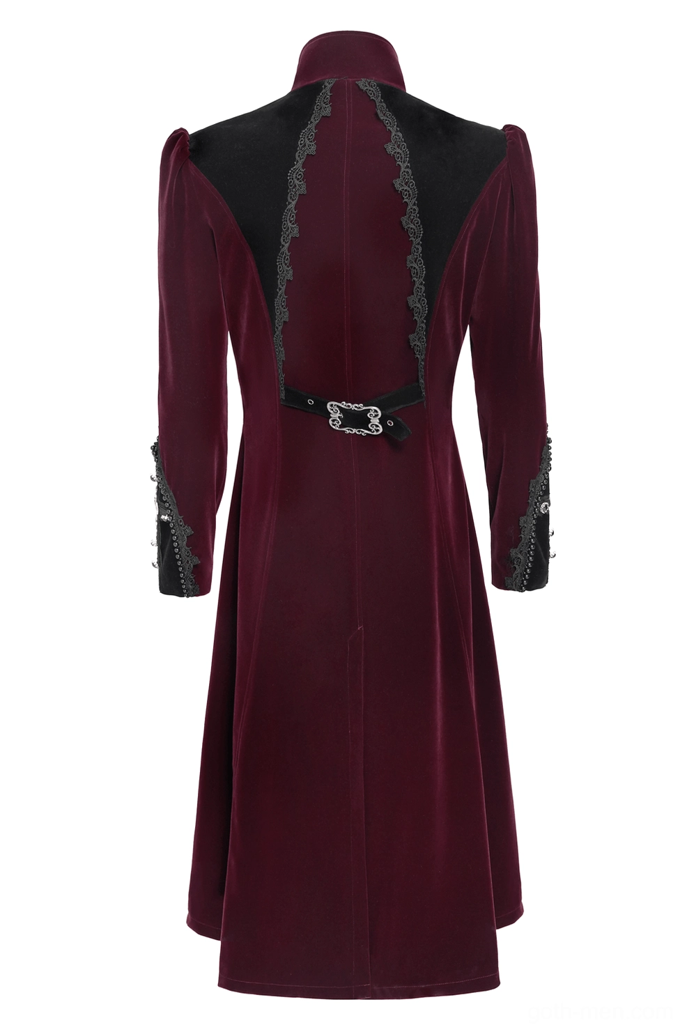 Burgundy gothic velvet tailcoat rear mannequin view with waist buckle strap, padded shoulders, and luxurious velvet fabric