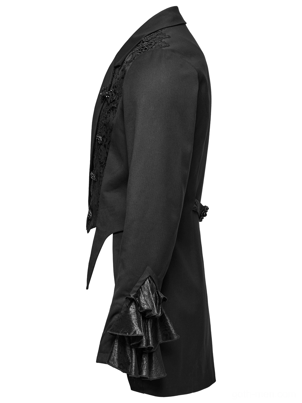 Side profile view of black gothic tailcoat displaying curved asymmetric hem, shoulder embroidery detail, and ruffled cuff edge