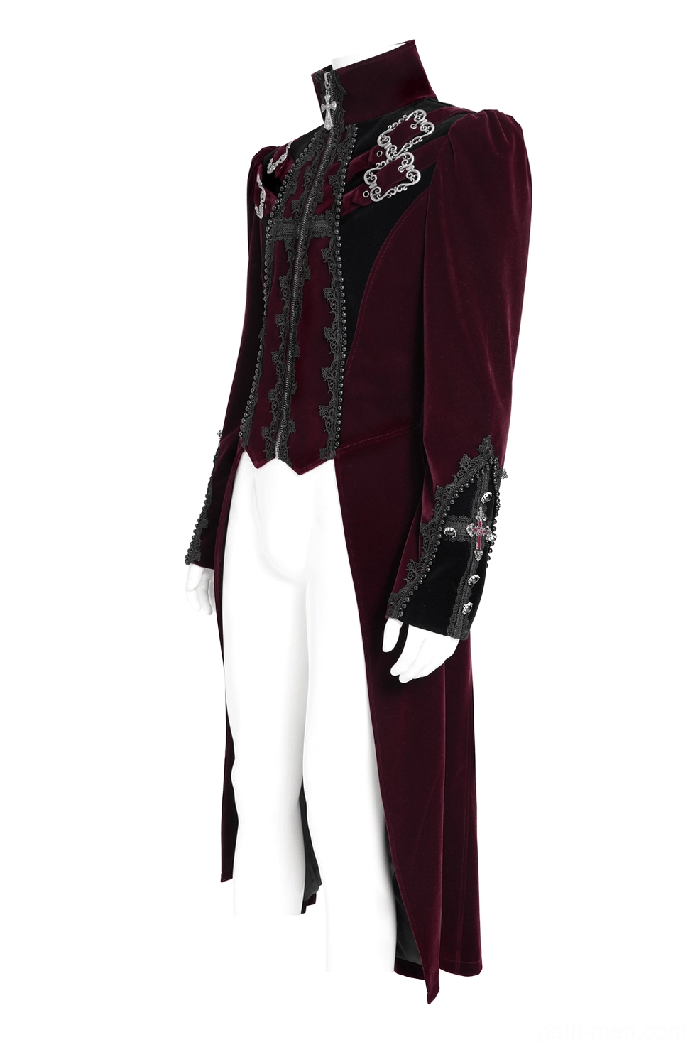 Side profile view of burgundy velvet gothic tailcoat showing high stand collar, split side tail, and structured fitted silhouette
