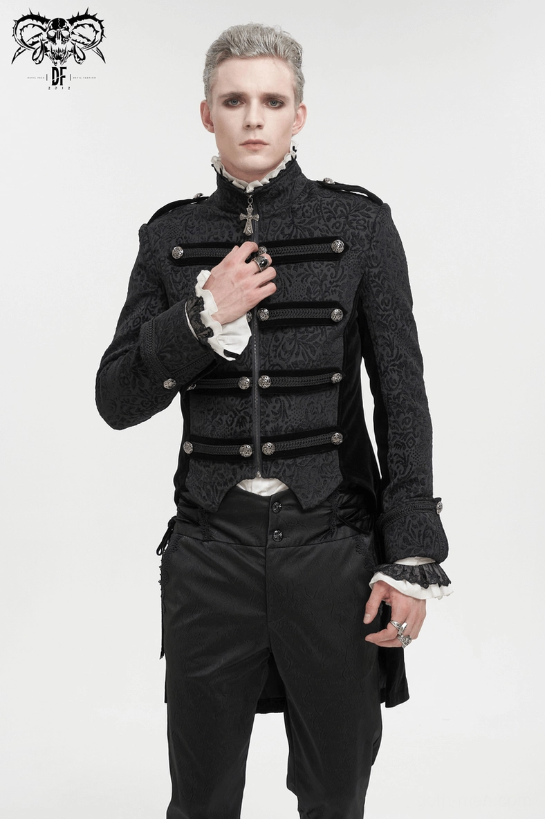 Black gothic tailcoat side profile with stand collar and fitted silhouette