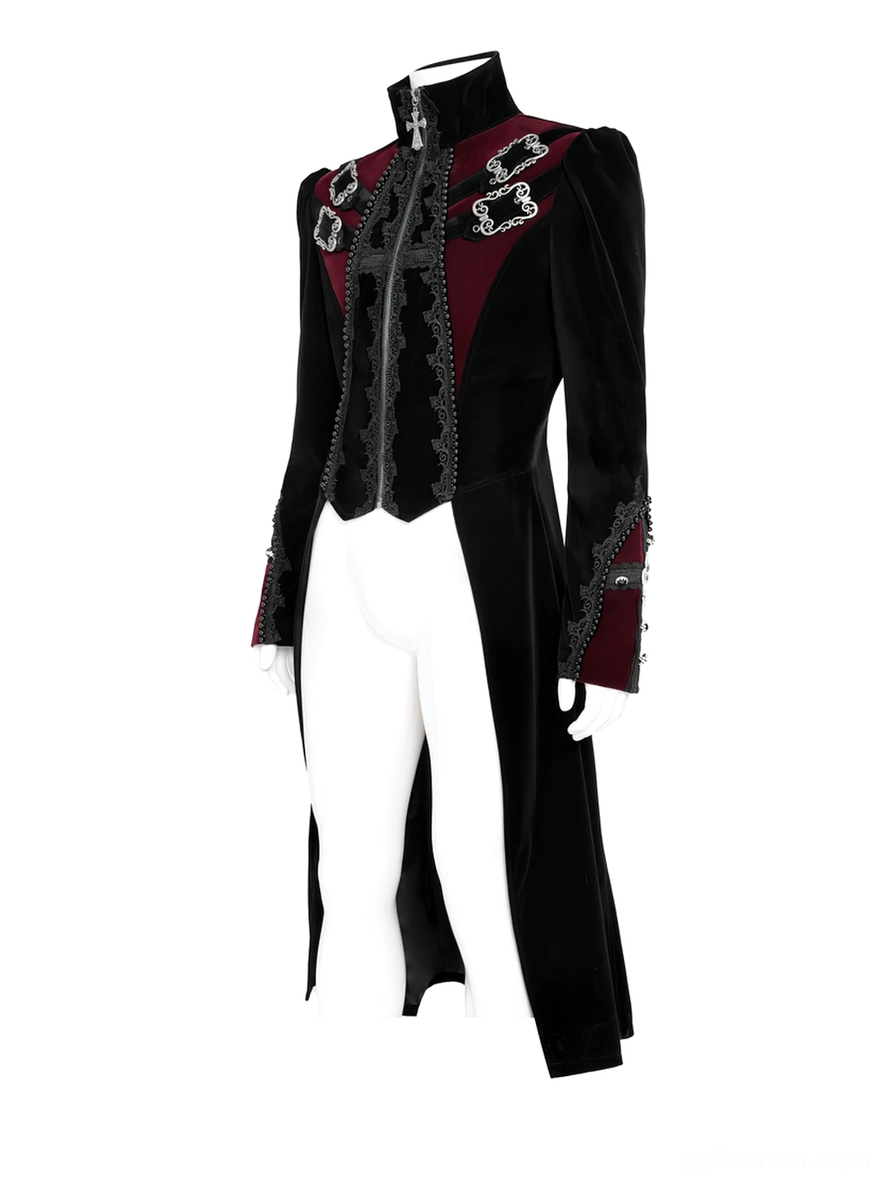 3/4 side view of gothic tailcoat showing stand collar, split tail hem, and burgundy shoulder panel details
