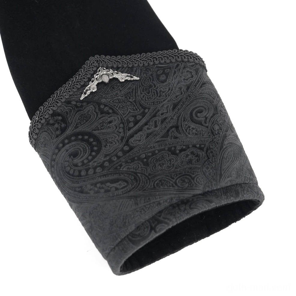 Gothic Victorian tailcoat construction detail, showing sleeve cuff tailoring, contrast fabric edges, and refined finishing