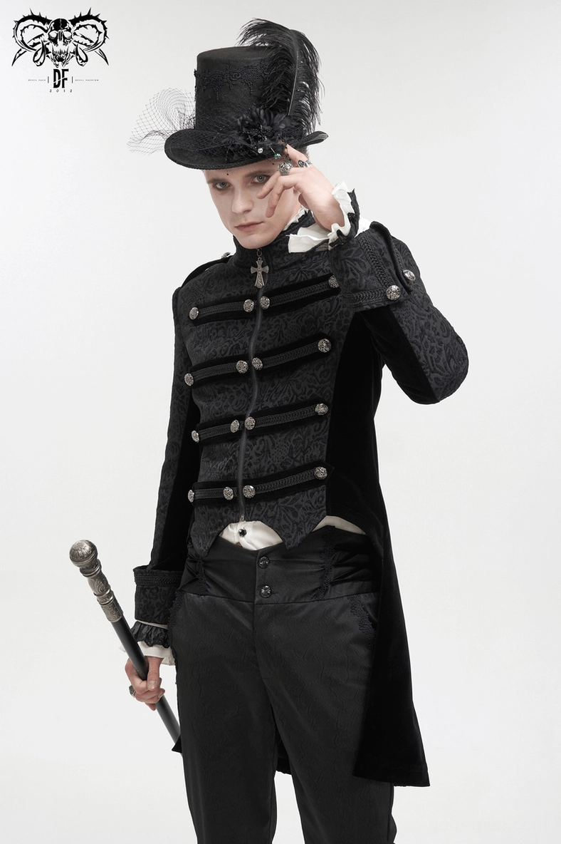 Black gothic tailcoat sleeves and cuff openings with jacquard weave detail
