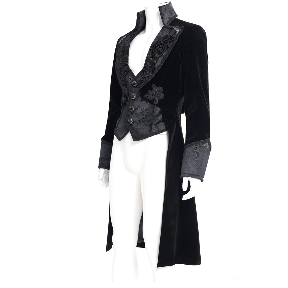 Black velvet Gothic Victorian tailcoat three-quarter front angle on display mannequin, showcasing embroidered scroll lapels and buttoned faux vest design