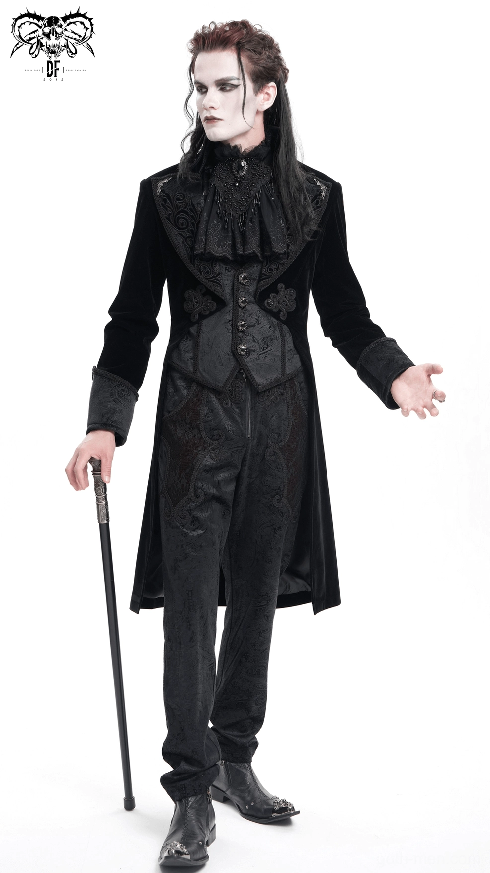 Gothic Victorian tailcoat artistic product shot emphasizing velvet texture and scroll embroidery detail work