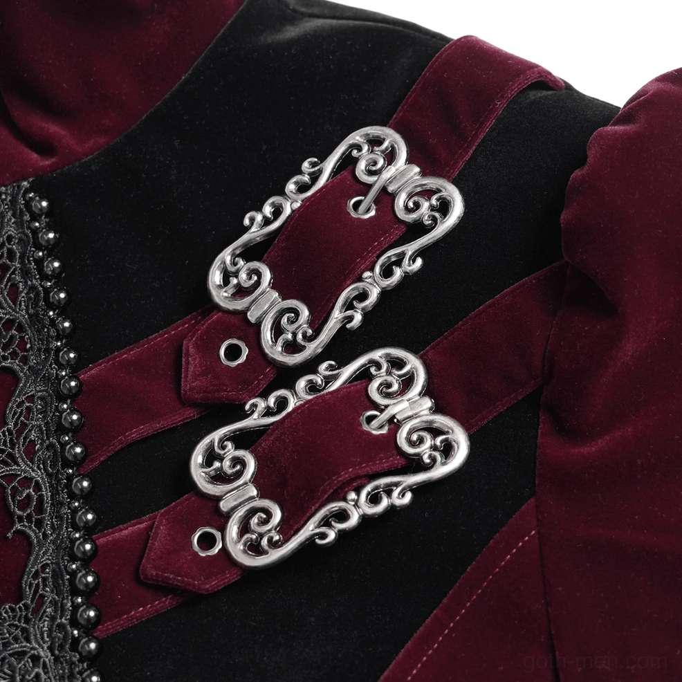 Gothic tailcoat mannequin display showing waist area with buckle strap and fitted construction details