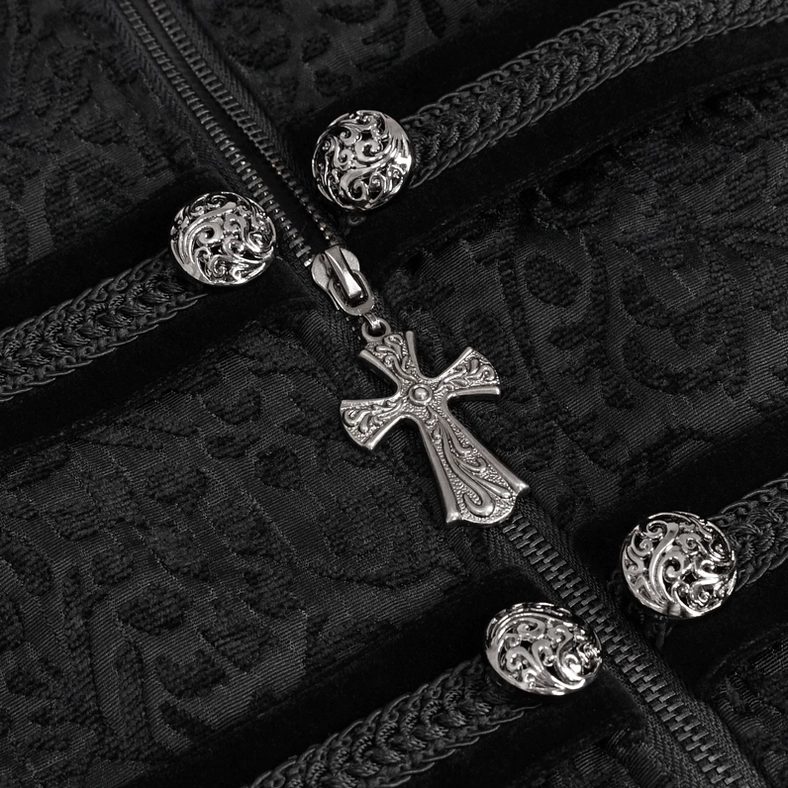 Black gothic tailcoat cross pendant zipper and front placket ornate metal fasteners