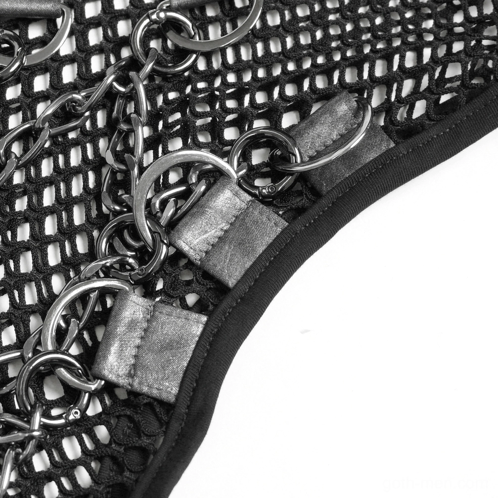 Extreme close-up of metal chain links and studded leather fasteners on black mesh fabric