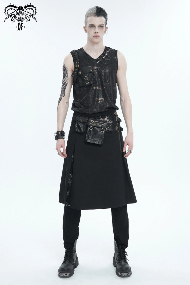 Gothic tank top detail shot of antique brass hardware and d-ring on adjustable shoulder and side straps
