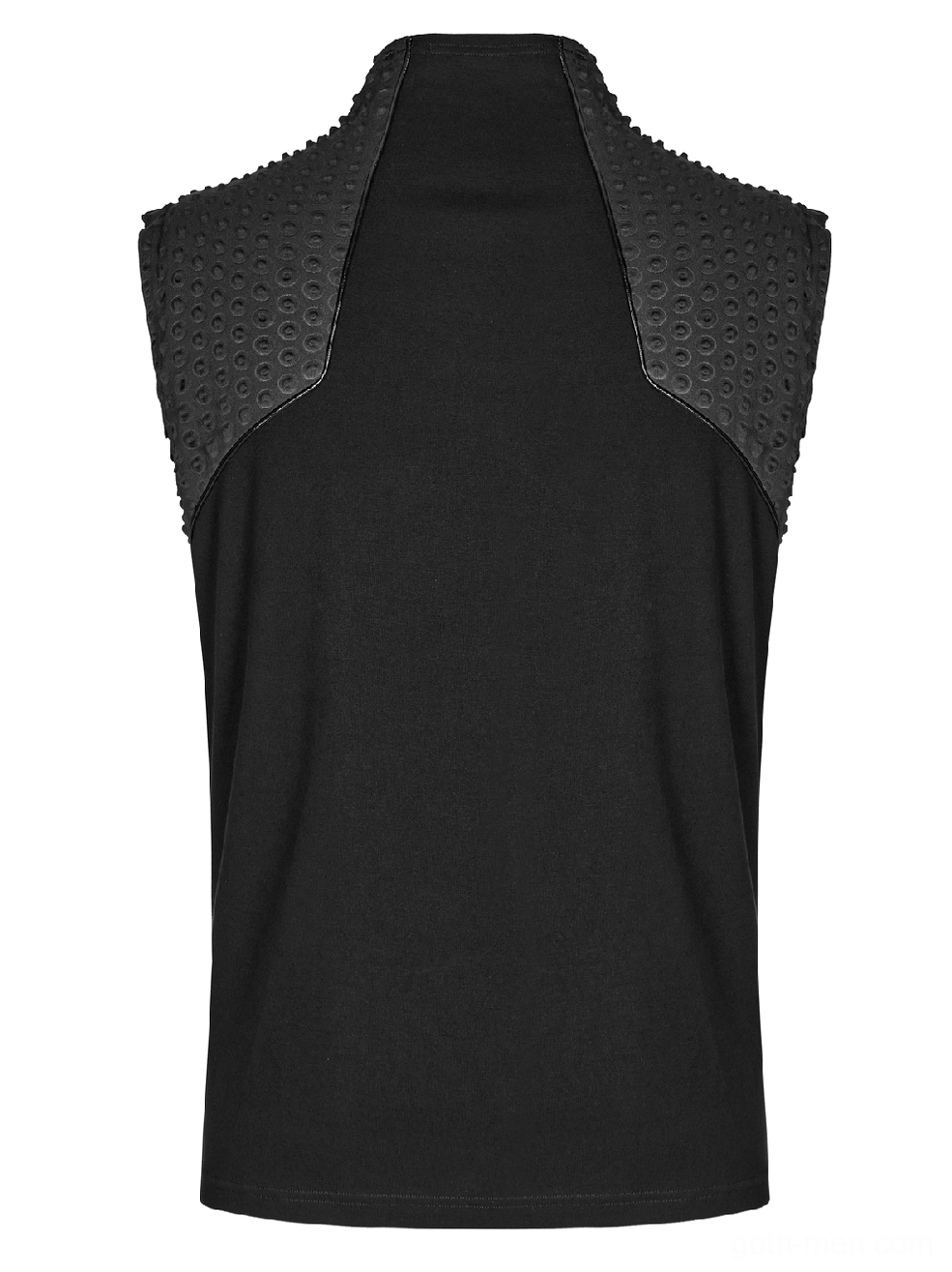 Back flat lay of textured gothic sleeveless tank top with defined shoulder panels and industrial design
