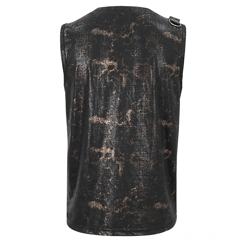 Flat lay back view of gothic tank top displaying marbled pattern and sleeveless hem with minimal side hardware accents