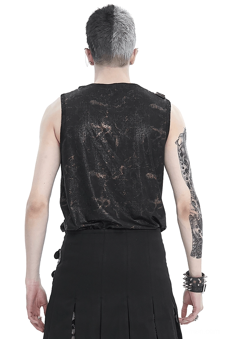 Rear view of gothic tank top displaying marbled black-gold distressed finish and sleeveless silhouette on male model
