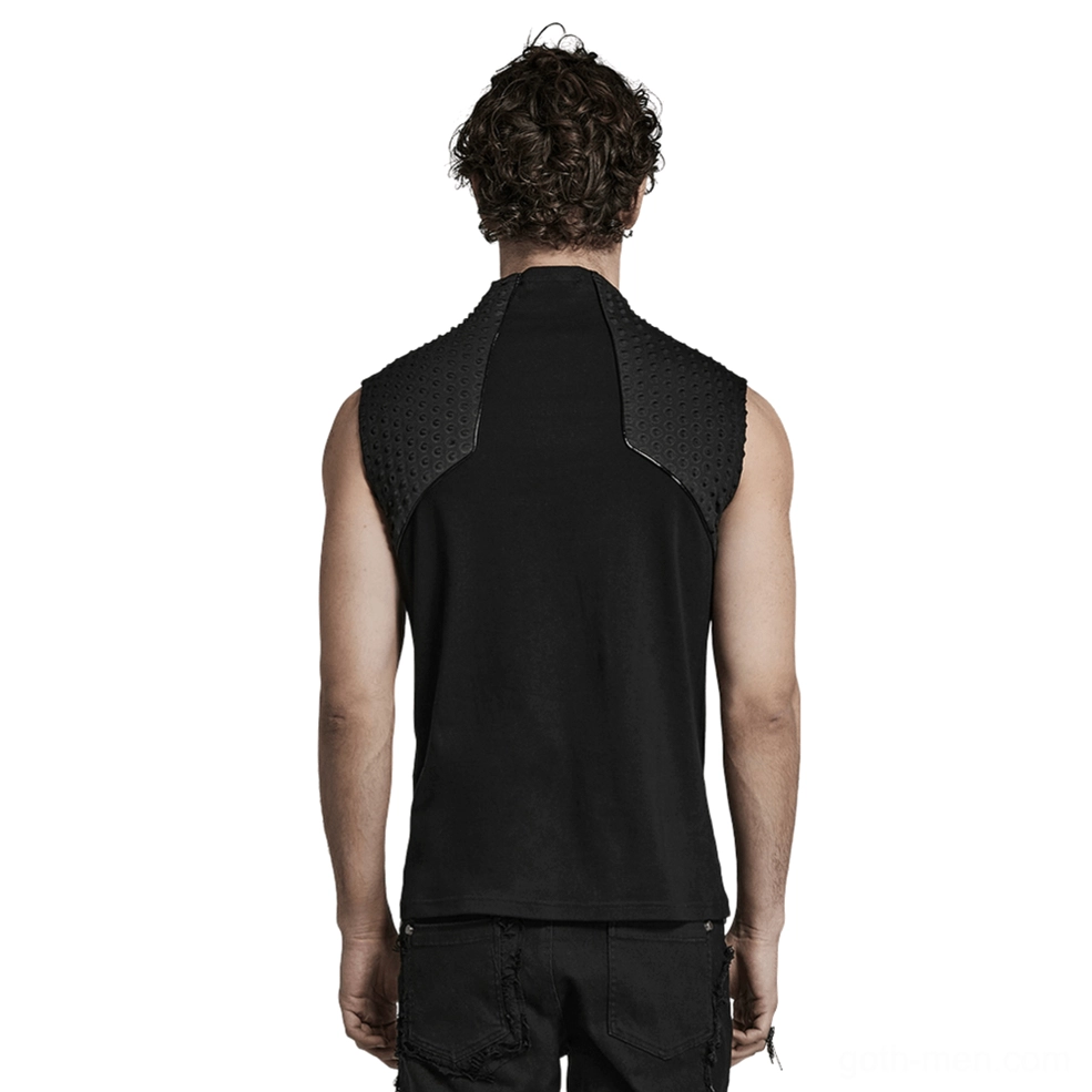 Black sleeveless tank top back perspective showcasing textured yoke panels and slim-fitting silhouette