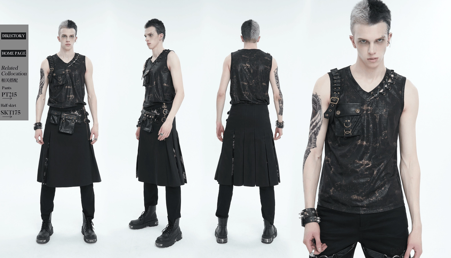Lace-up corset-style side closure detail of gothic tank top with adjustable leather straps and vintage hardware