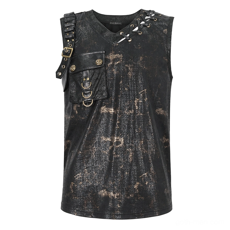 Flat lay front view of men's gothic tank top showing full utility pocket with metallic buckle hardware and lace-up side detailing