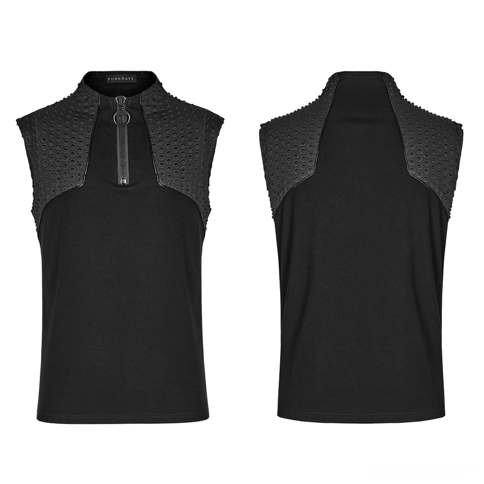 Dual flat lay view of industrial gothic sleeveless tank top showing front zipper detail and structured construction