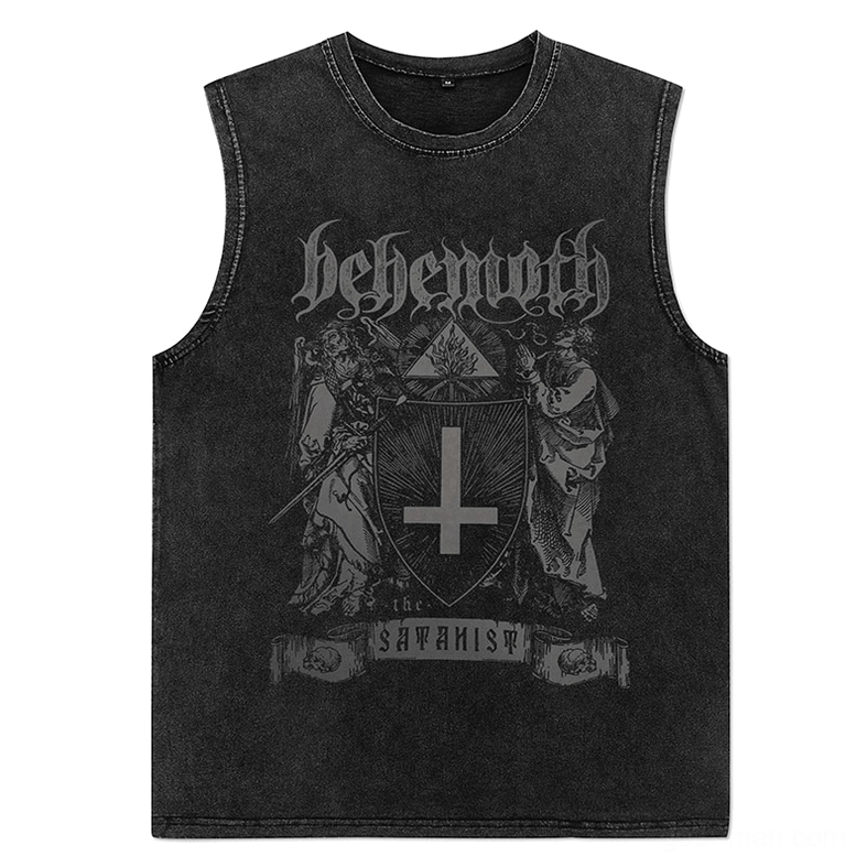 Black washed cotton tank top flat lay front view showing graphic detail