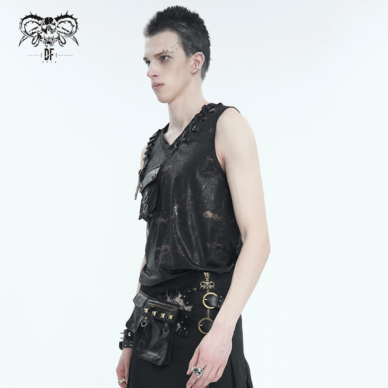 Full length flat lay of men's gothic lace-up tank top in black showing overall silhouette and design proportions