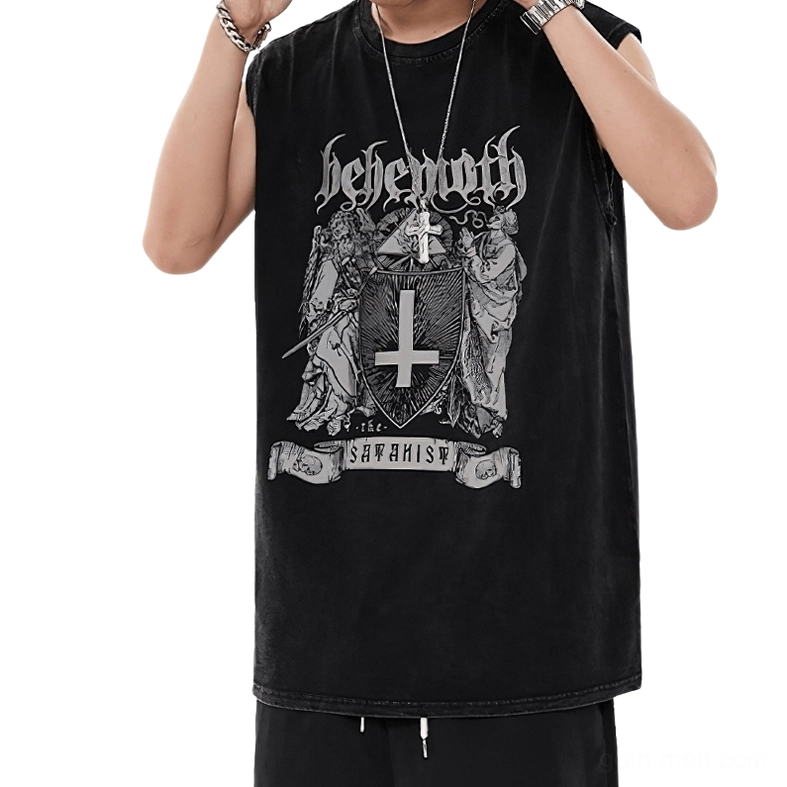 Oversized black tank with religious cross print, half-front angle on model
