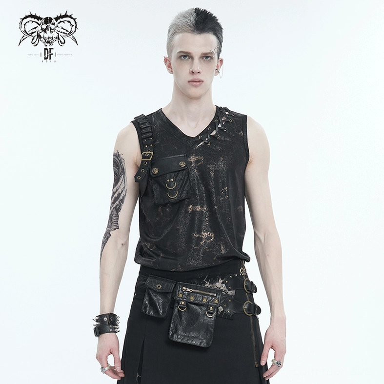 Hem detail of gothic tank top displaying lightweight knit fabric edge and subtle marbled black-gold finish