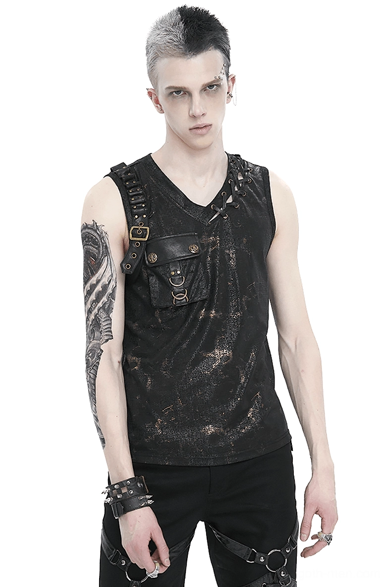 Men's gothic lace-up v-neck tank top front view on male model showing distressed black-gold fabric and utility buckle pocket details