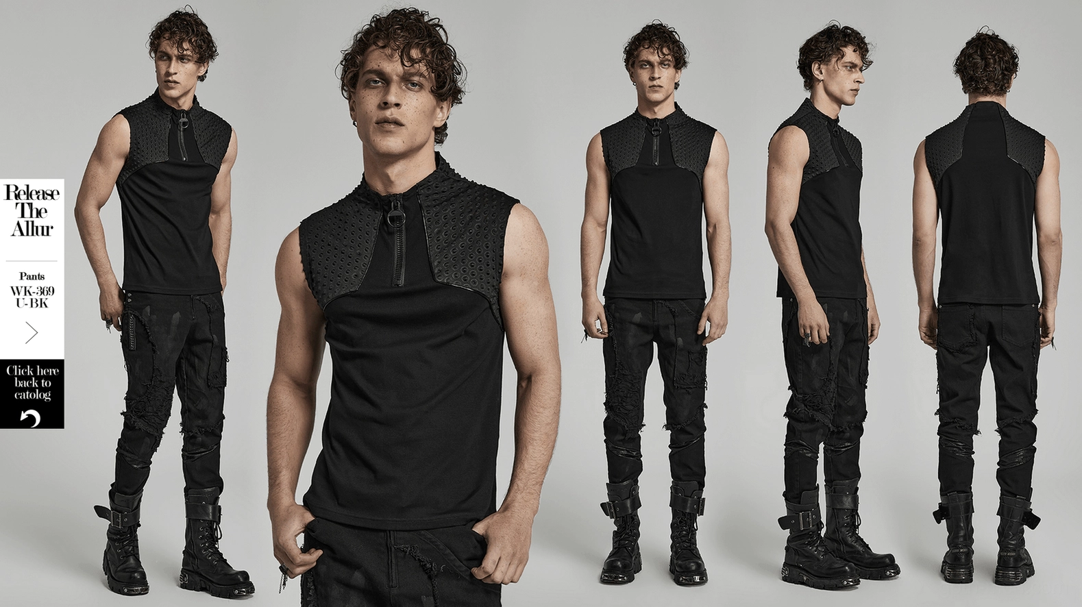 Main product image of industrial gothic sleeveless tank top with 3D embossed texture and asymmetric zipper detail